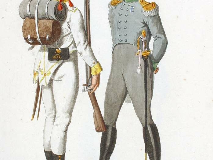 Infanterie-Regiment Prinz Clemens (Offizier in Interimsuniform) und Prinz Maximilian (Unteroffizier)