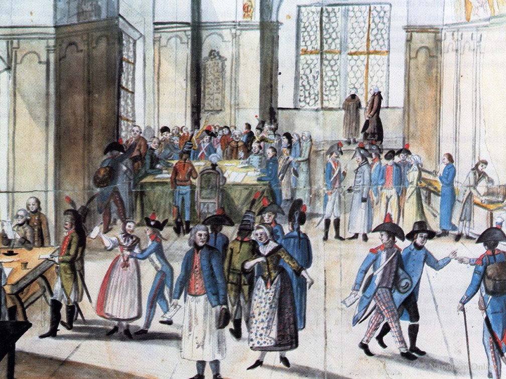 Französische Soldaten erhalten im Nördlicher Rathaus Quartierzettel 1796