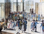 Französische Soldaten erhalten im Nördlicher Rathaus Quartierzettel 1796