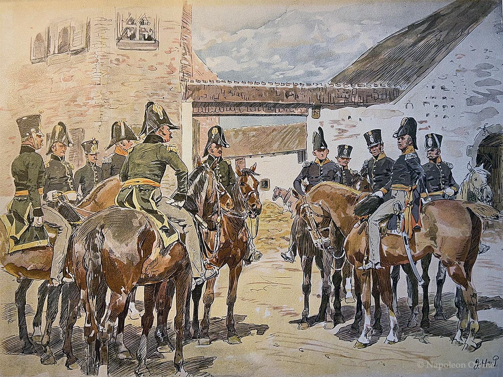 Herzog Bernhardt von Sachsen-Weimar mit Stab und Adjutanten am 15. Juni 1815 bei Quatre-Bras
