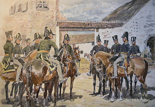 Herzog Bernhardt von Sachsen-Weimar mit Stab und Adjutanten am 15. Juni 1815 bei Quatre-Bras
