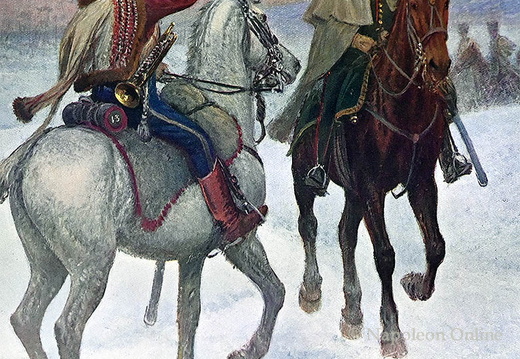 Husaren und Jäger zu Pferd - Trompeter des 13. und Offizier des 1. Regiments der Kavallerie